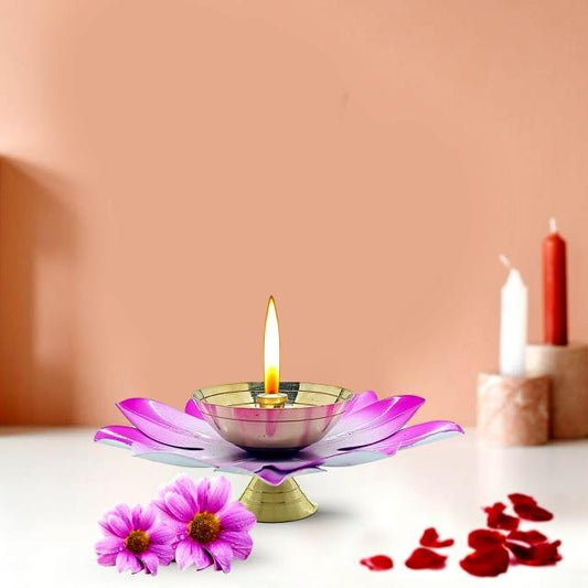 Lotus Brass Diya Decorative Pink Diya Dia 4 Inches
